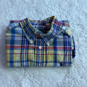 Ralph Lauren Boys Button Up Dress Shirt Sz 4 Plaid Multicolor Polo Pony Logo